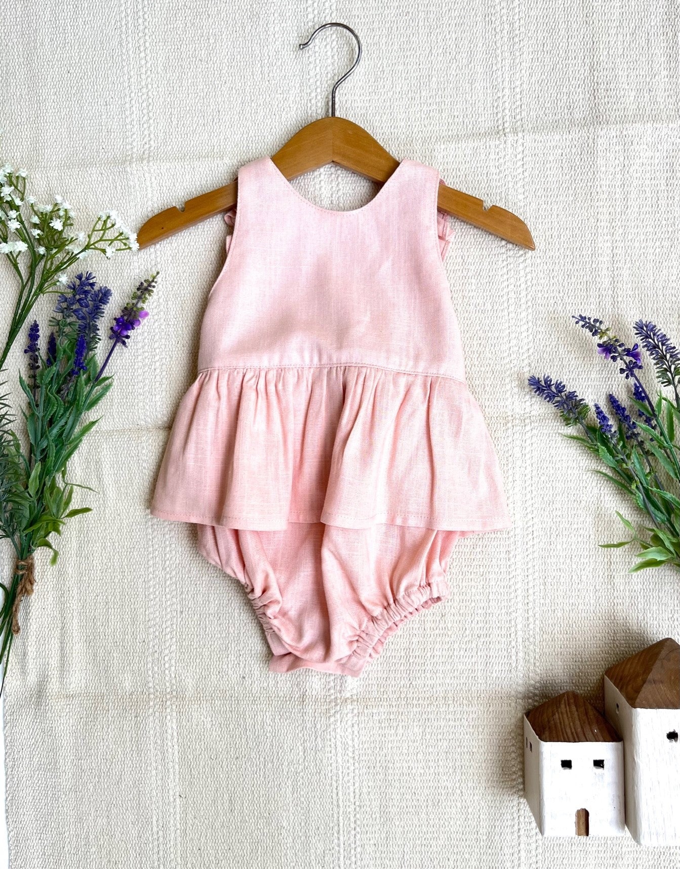 Eden Romper, Pink/Beige/Teal Linen