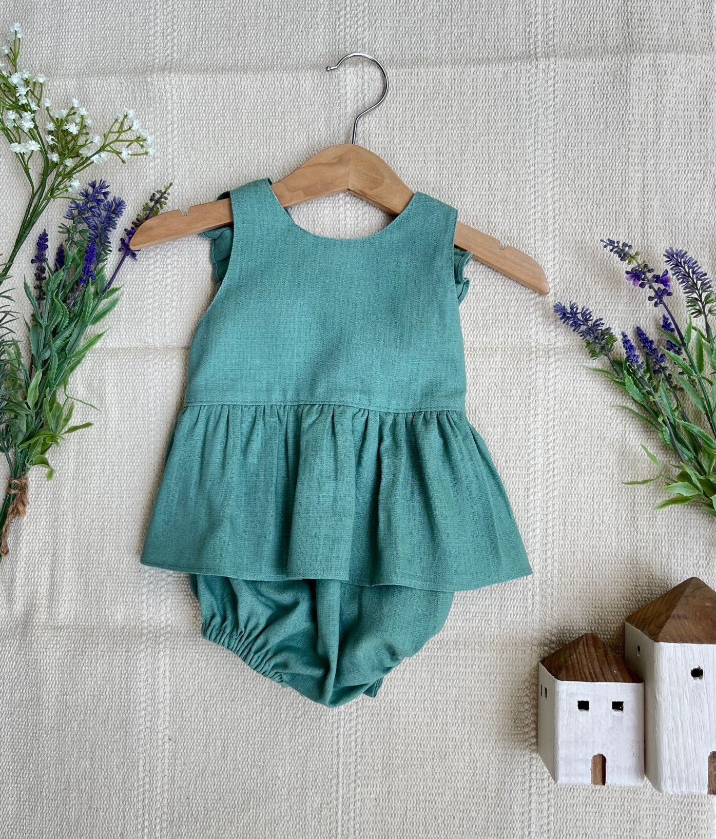 Eden Romper, Pink/Beige/Teal Linen